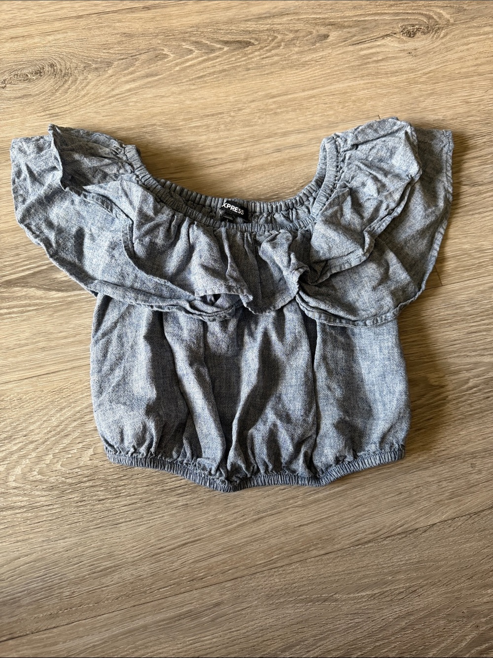 Express  Off-Shoulder Ruffle Chambray Top